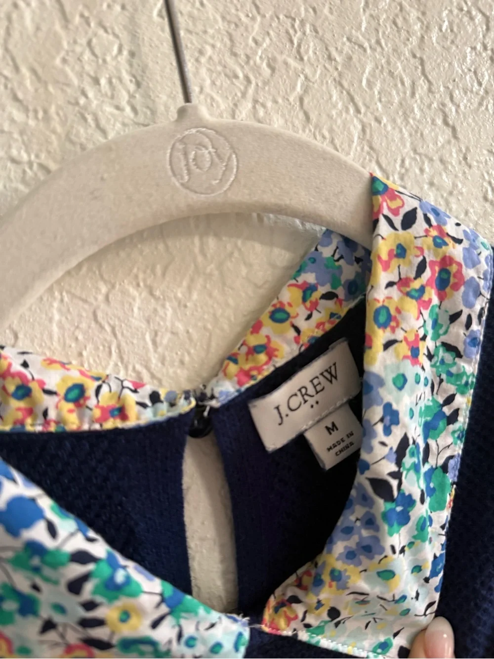 J. Crew Navy Knit Top with Multicolor Floral Collar